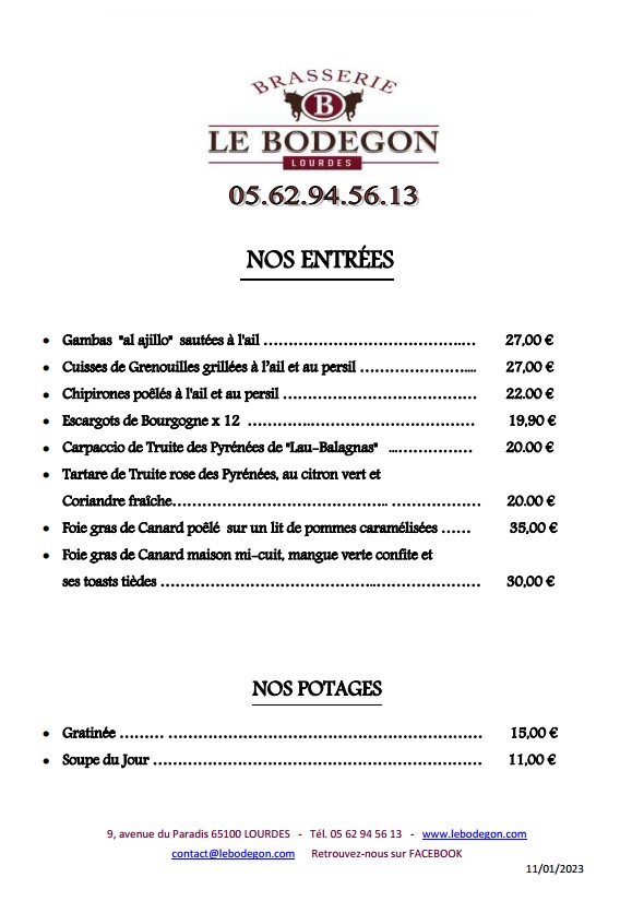 Brasserie le Bodegon - Carte du restaurant 2023
